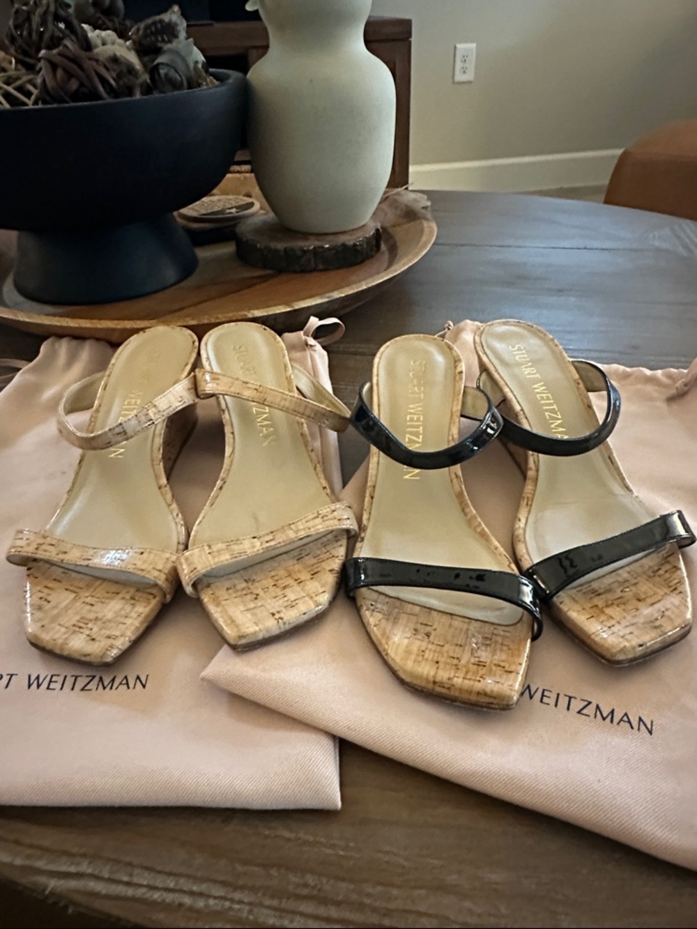 Stuart Weitzman Black Patent Cork & Natural cork Sandals